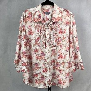 Laura Scott Top Womens XL Petite Cream Multi Floral 3/4 Sleeves Tuxedo Ruffle